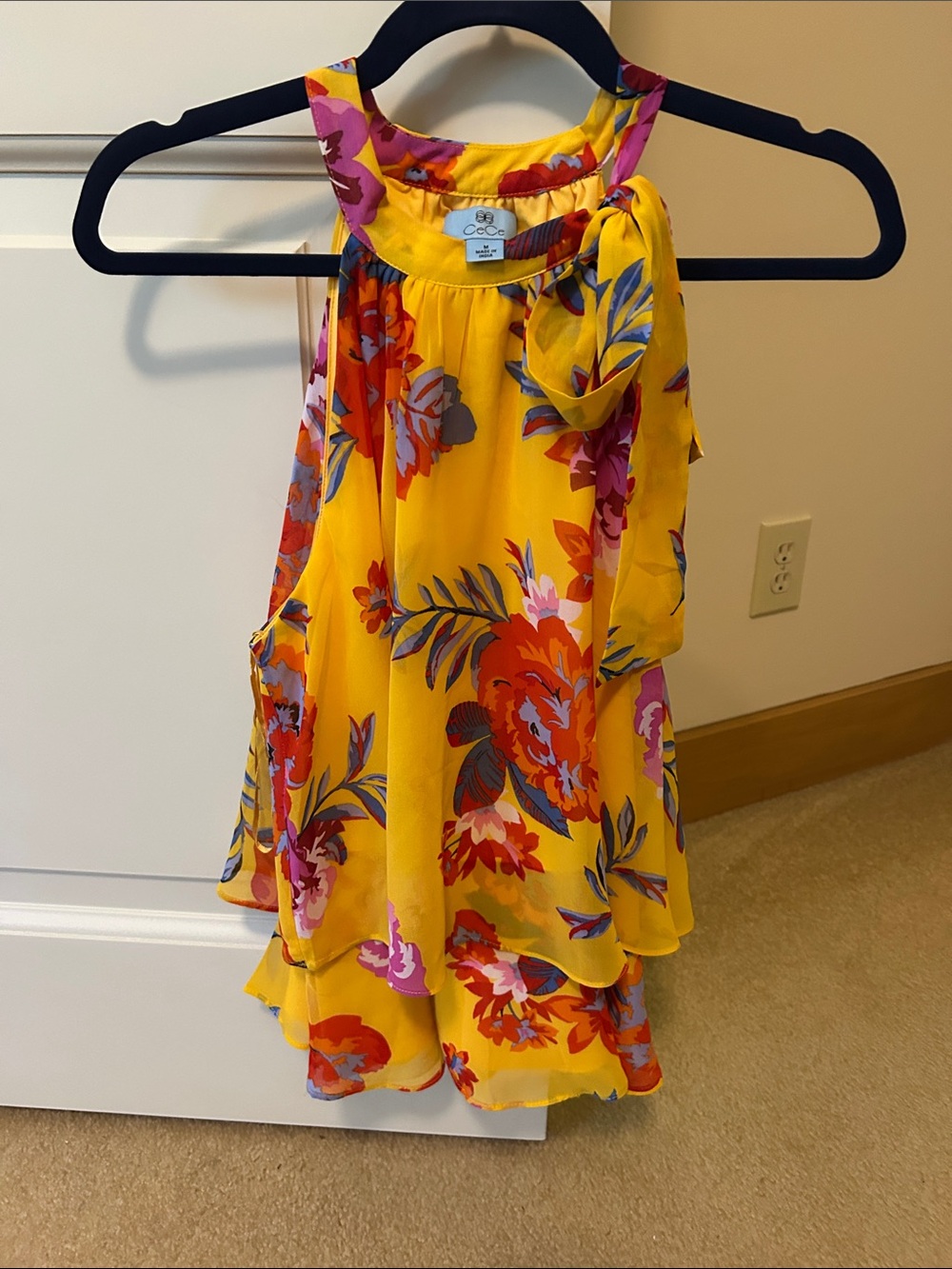 CeCe Yellow Floral Halter Tank Tie Neck Double Layer Front. Elegant neckline